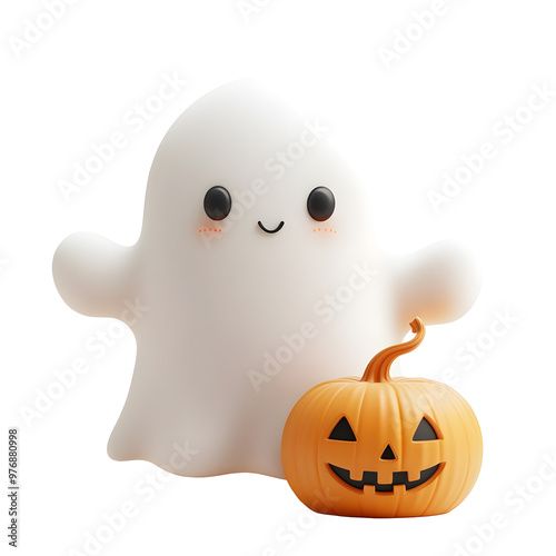 Cute Ghost Holding A Pumpkin In Cartoon Halloween Style On White Background