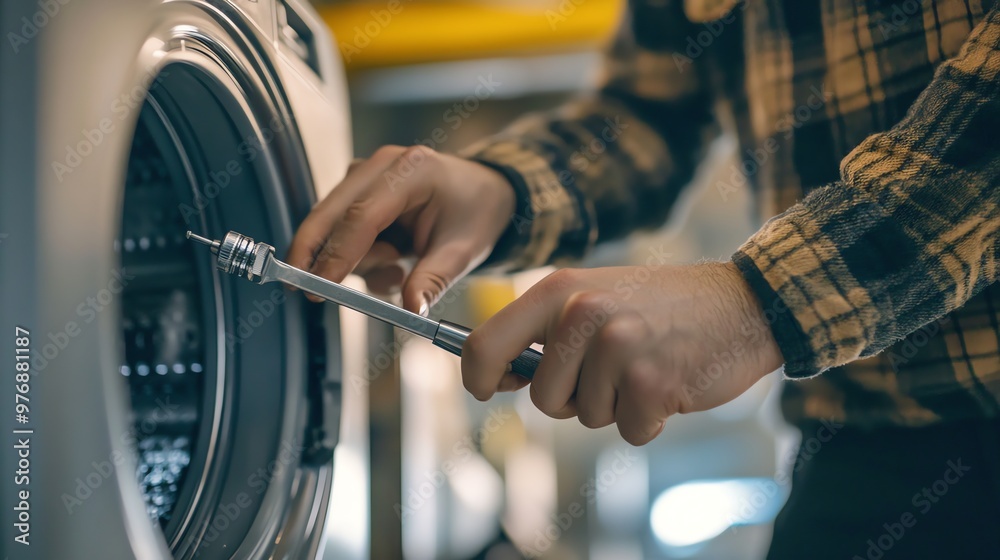 A man is using a tool to work on a washing machine. A man is using a tool to work on a washing machine.