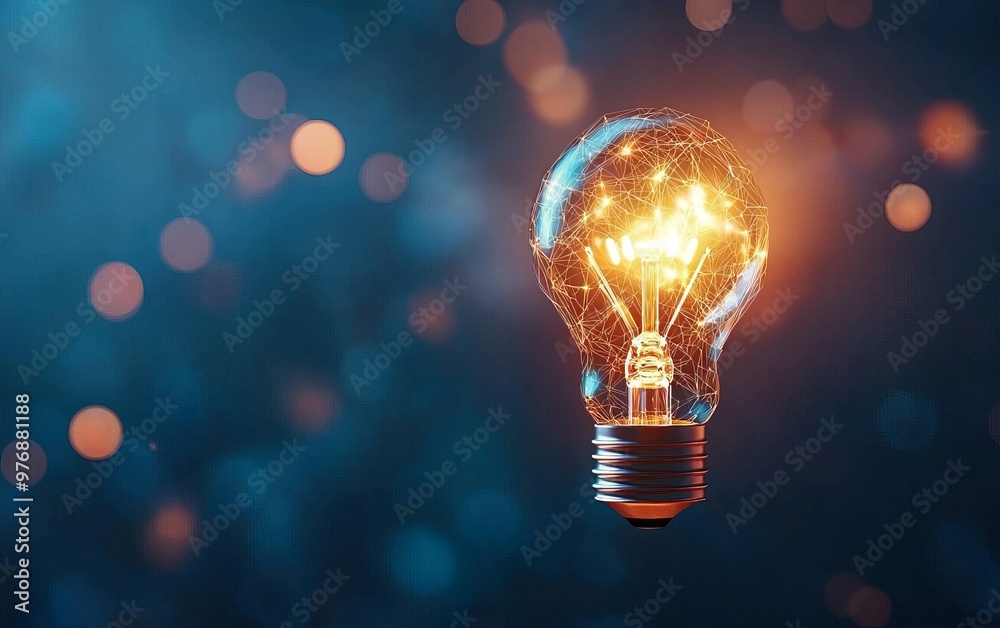 A glowing light bulb with shimmering reflections, symbolizing creativity and bright ideas against a magical blue background. A glowing light bulb with shimmering reflections, symbolizing creativity and bright ideas against a magical blue background.