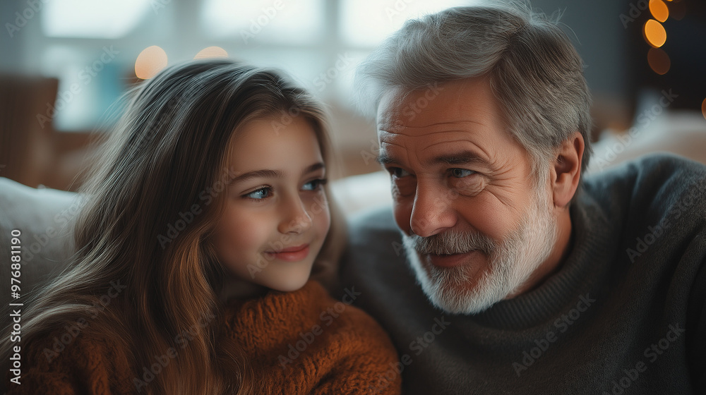 A girl and a man, likely a grandfather, are looking at each other with smiles A girl and a man, likely a grandfather, are looking at each other with smiles