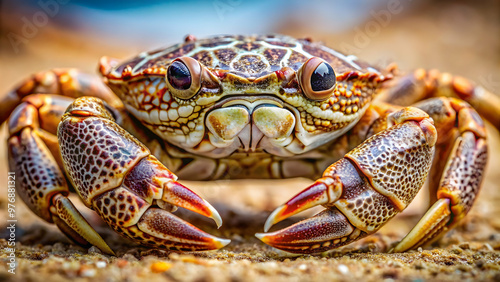 Close up of a crab with intricate patterns and textures, seafood, crustacean, marine life, ocean creature