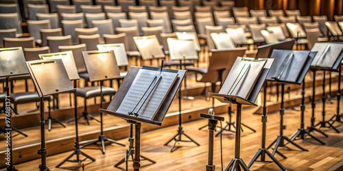 Music stands with orchestra notes in a concert hall , symphony, performance, classical music, ensemble, sheet music