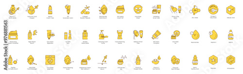 Comprehensive Skincare Routine Icons: Vitamin C, Hyaluronic Acid, SPF Sunscreen, Collagen, Niacinamide, Anti-Aging, Face Mask, Exfoliating Cream, Exfoliating Mask, Facial Scrub, Zinc Oxide, Omega-3 