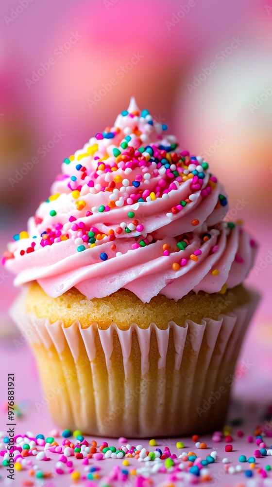 A single cupcake with pink frosting and sprinkles on a pink background. A single cupcake with pink frosting and sprinkles on a pink background.