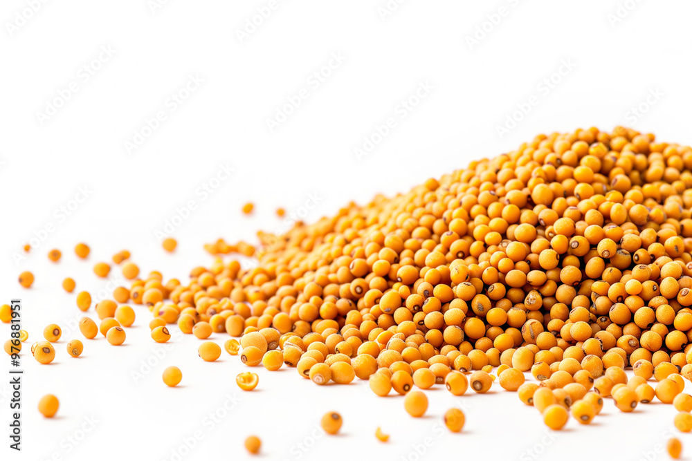Pile of yellow mustard seeds on white background Pile of yellow mustard seeds on white background