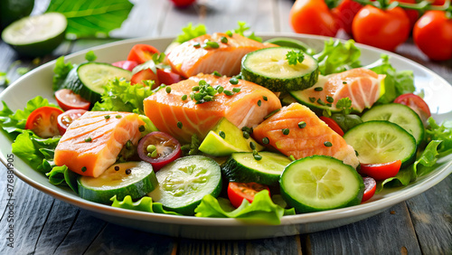 Oceanic Symphony A vibrant and refreshing salad dance featuring succulent salmon and crisp cucumbers on a background, ocean