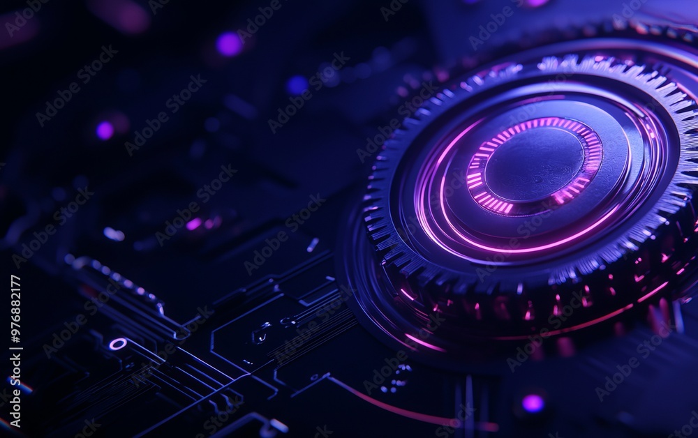 Obraz premium Futuristic circuit board with vibrant purple highlights and a central dial, showcasing advanced technology and innovation.