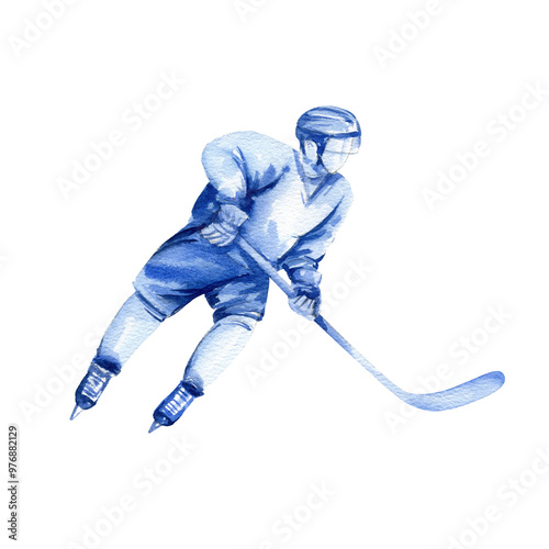 Photography hockey player with stick in motion, hand drawn watercolor sketch of ice sport th