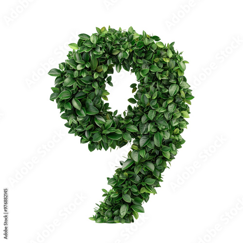 Number nine shaped from lush green leaves on a black background
