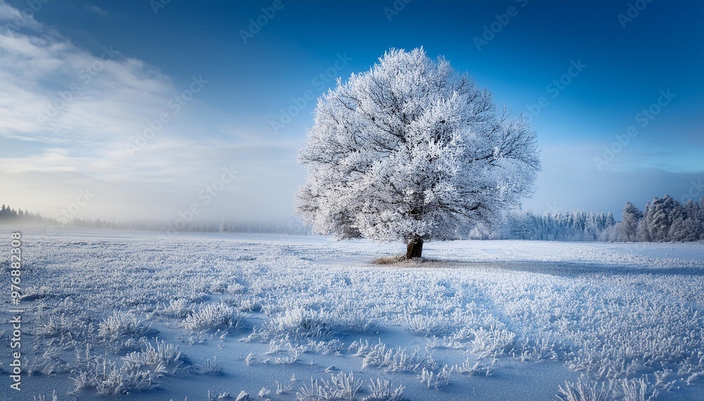 Frozen meadow with a single snow-covered tree