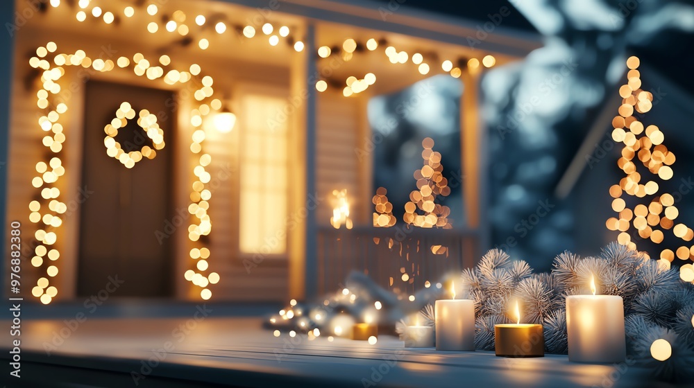 Obraz premium A beautifully decorated house with festive lights and candles, creating a warm and inviting holiday atmosphere.