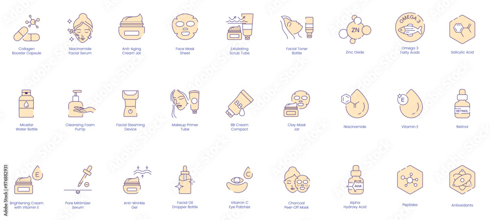 Skincare and Treatment Icons: Collagen Booster Capsule, Niacinamide Facial Serum, Anti-Aging Cream Jar, Face Mask Sheet, Exfoliating Scrub Tube, Facial Toner Bottle, Zinc Oxide, Omega-3 Fatty Acid Skincare and Treatment Icons: Collagen Booster Capsule, Niacinamide Facial Serum, Anti-Aging Cream Jar, Face Mask Sheet, Exfoliating Scrub Tube, Facial Toner Bottle, Zinc Oxide, Omega-3 Fatty Acid