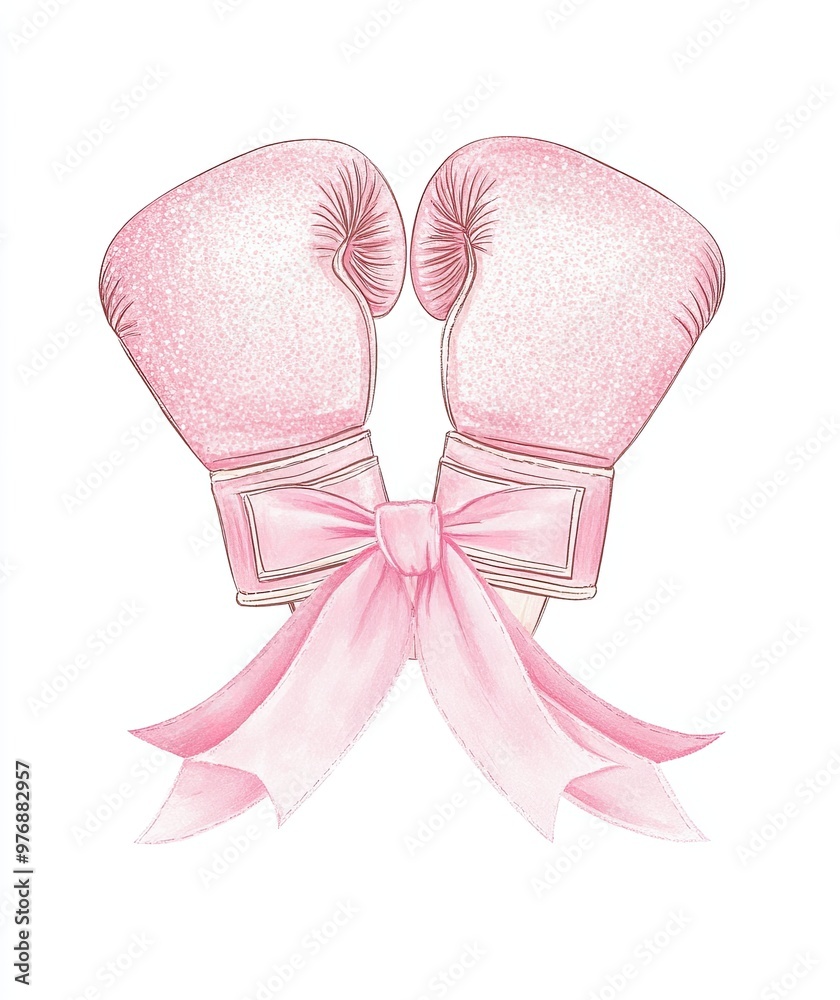 Pink boxing gloves with decorative bow illustration, Illustration of pink glittery boxing gloves tied with a large pink bow, symbolizing strength, femininity, and empowerment.
Pink boxing gloves with decorative bow illustration, Illustration of pink glittery boxing gloves tied with a large pink bow, symbolizing strength, femininity, and empowerment.