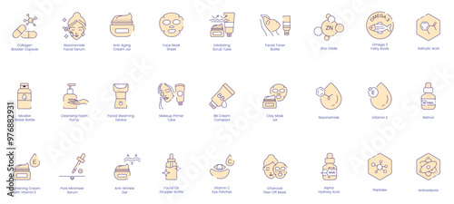 Skincare and Treatment Icons: Collagen Booster Capsule, Niacinamide Facial Serum, Anti-Aging Cream Jar, Face Mask Sheet, Exfoliating Scrub Tube, Facial Toner Bottle, Zinc Oxide, Omega-3 Fatty Acid 