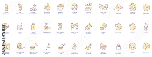 Skincare and Treatment Icons: Retinol Cream Tube, SPF Sunscreen, Collagen, Niacinamide, Anti-Wrinkle, Face Mask, Exfoliating, Facial Toner, Zinc Oxide, Omega-3, Salicylic Acid, Eye Cream, Lip Balm 