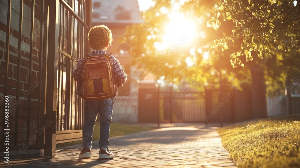 A child stands at the school gate, holding a backpack on their first day, with the morning sun highlighting excitement and nervousness. A child stands at the school gate, holding a backpack on their first day, with the morning sun highlighting excitement and nervousness.
