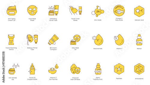 Comprehensive Facial Care Icons: Anti-Aging Cream Jar, Face Mask Sheet, Exfoliating Scrub Tube, Facial Toner, Zinc Oxide, Omega-3, Salicylic Acid, Facial Steaming Device, Makeup Primer, BB Cream 