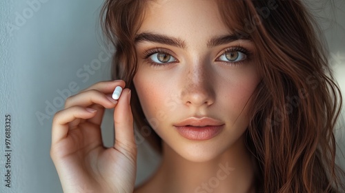 A young woman holds a pill in front of her face, looking directly at the camera.