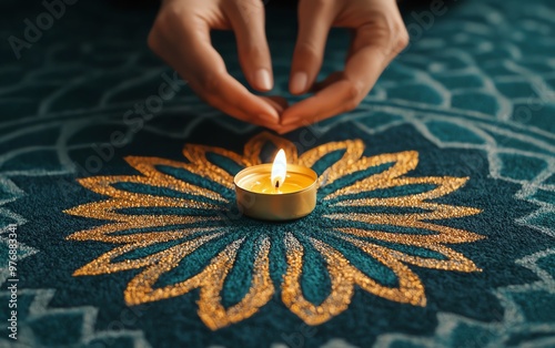 A tranquil scene featuring hands placing a candle above a mandala design, symbolizing peace, meditation, and wellness. photo