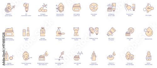 Skincare Essentials Icons: Vitamin C, SPF, Collagen, Niacinamide, Anti-Aging, Face Mask, Exfoliating, Facial Toner, Zinc Oxide, Moisturizing, Lip Balm, Cleansing Foam, Facial Steaming, Makeup Primer 