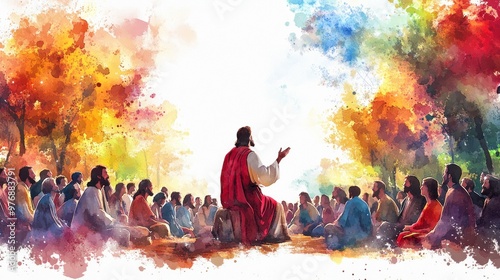 The Sermon on the Mount with Jesus teaching the crowds, illustrated in watercolor style on a pure white background.