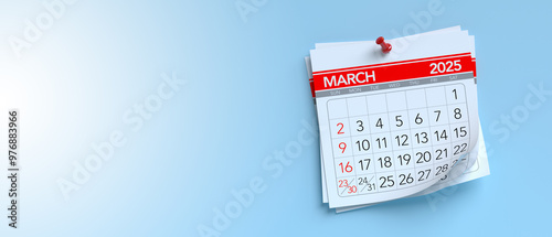 March 2025 Calendar. Isolated on Blue Background. 3d Rendering