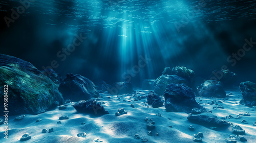 Deep Sea Underwater Scene with Rocks on the Seabed