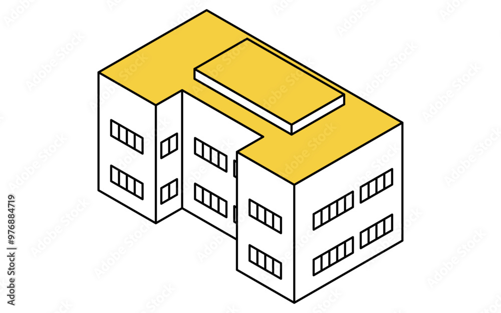 Two-story office building, simple line drawing isometric illustration Two-story office building, simple line drawing isometric illustration