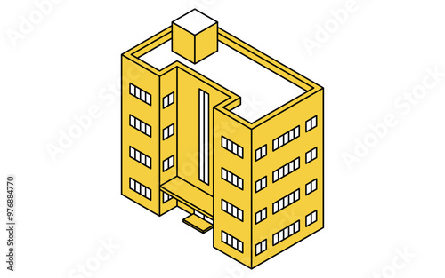 Four-story mid-rise apartment building, isometric illustration with simple line drawings