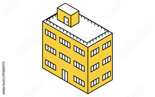 Three-story low-rise apartment building, isometric illustration with simple line drawings