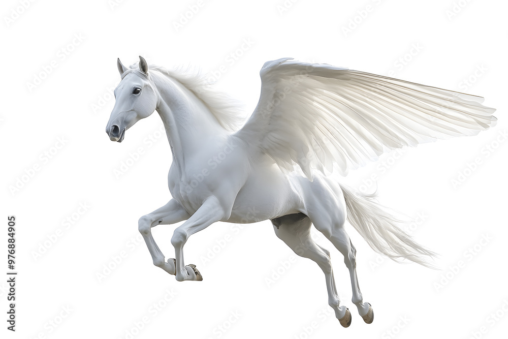 Detailed illustration of a white pegasus, a mythical horse, isolated on a white background Detailed illustration of a white pegasus, a mythical horse, isolated on a white background