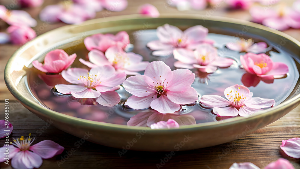 Pink cherry blossom petals floating in a bowl of water, perfect for a spa or nature-themed , pink, cherry blossom, flower, spa Pink cherry blossom petals floating in a bowl of water, perfect for a spa or nature-themed , pink, cherry blossom, flower, spa