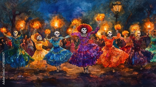 Day of the Dead Watercolor Painting  Colorful Skeletons in Dresses  Mexican Tradition