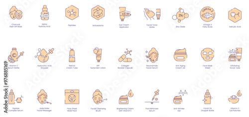 Comprehensive Skincare Icons: Charcoal, Peel-Off Mask, Alpha-Hydroxy Acid, Peptides, Antioxidants, Eye Cream, Facial Toner, Zinc Oxide, Omega-3 Fatty Acid, Salicylic Acid, Vitamin C, Hyaluronic Acid 