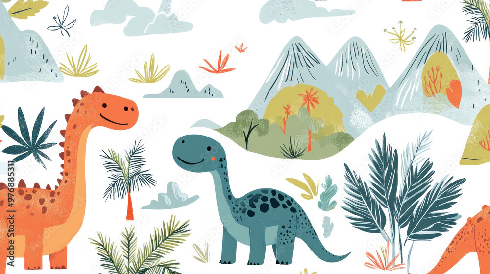 Whimsical dinosaur pattern with palm trees, jungle leaves, and mountains. Whimsical dinosaur pattern with palm trees, jungle leaves, and mountains.