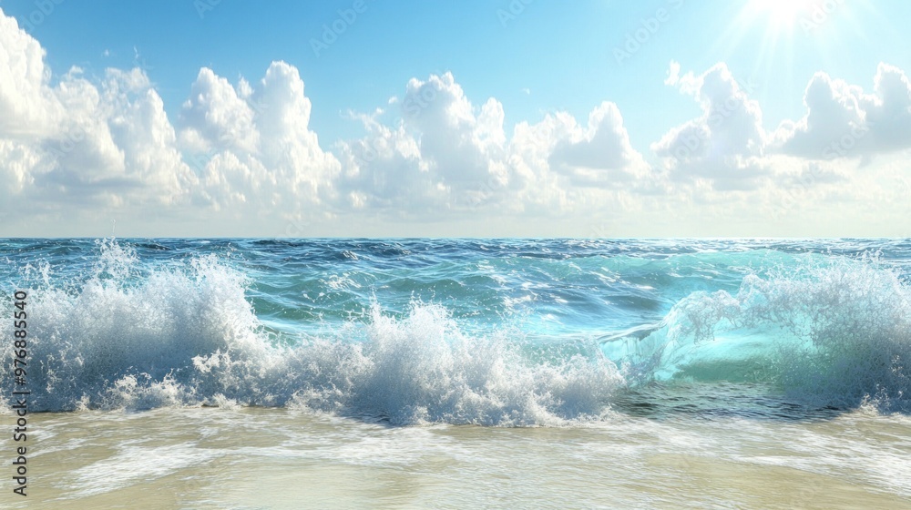 Ocean waves mural on a sea-themed wall with dynamic movement and bright colors, enhanced by natural sunlight, creating a fresh and lively look. Ocean waves mural on a sea-themed wall with dynamic movement and bright colors, enhanced by natural sunlight, creating a fresh and lively look.