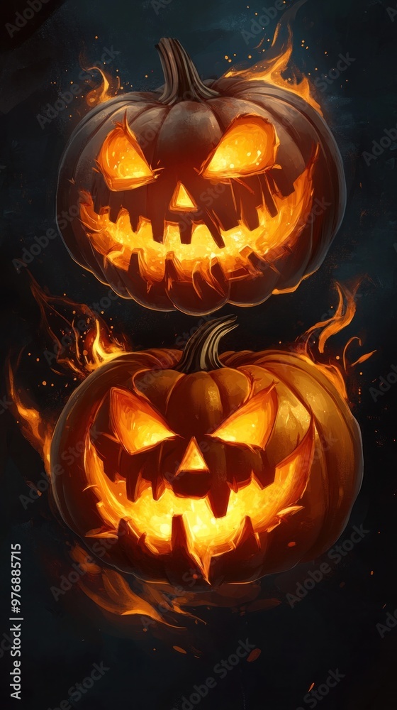 Glowing pumpkins with evil grins, dark background, Halloween horror mood.