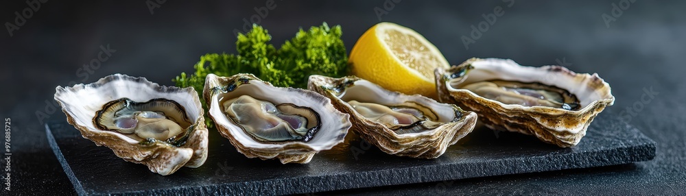 Freshly served oysters with lemon and garnish on a dark slate platter, perfect for seafood lovers and culinary presentations. Freshly served oysters with lemon and garnish on a dark slate platter, perfect for seafood lovers and culinary presentations.