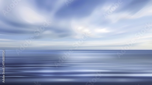 Abstract Blue Blurred Background with Light Sky Blue Color Gradient, Soft Clouds, and Calm Sea Water Texture. Bright Summer Day, Clear Sky, and Minimalistic Vector Illustration in a Realistic Photo St