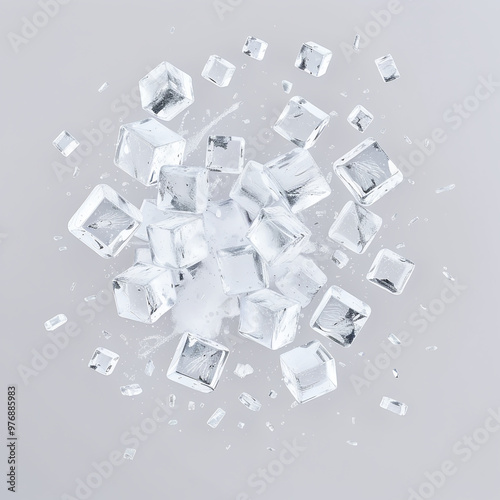 Ice cubes floating in mid-air on gray background