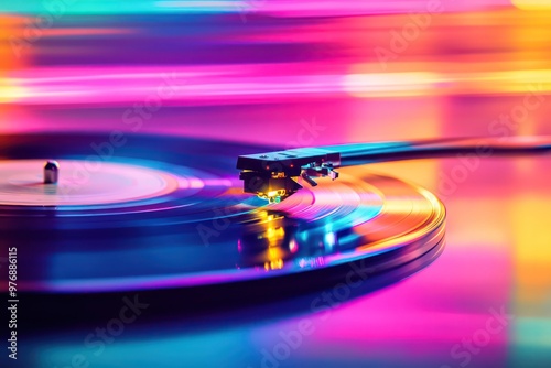 Playing a record close up. Neon colors 60s and 70s style, retro abstract music background