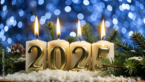 Candles in the shape of numbers stand in a pine wreath in front of beautiful Christmas lights on background. Festive mood. Dept of field