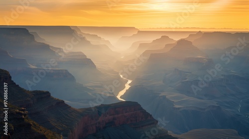 AweInspiring Sunrise Over Grand Canyon Majestic Rock Formations and Flowing River photo