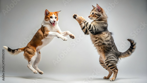 Cat and dog engaged in a playful jumping fight, animals, pets, fierce, playful, competition, furry, domestic, rivalry, energetic