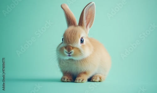 Adorable brown bunny rabbit sitting on a light blue background.