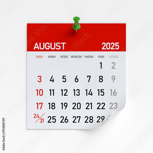 August 2025 Calendar. Isolated on White Background. 3d Rendering