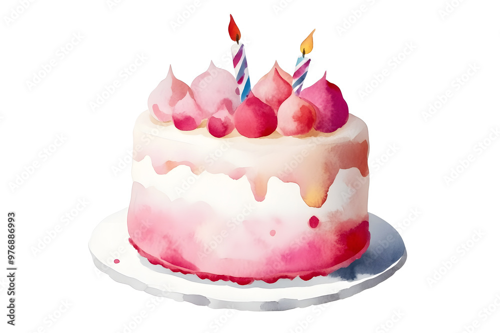 A birthday cake with red berries and candles, depicted in watercolor and set against a white backdrop A birthday cake with red berries and candles, depicted in watercolor and set against a white backdrop