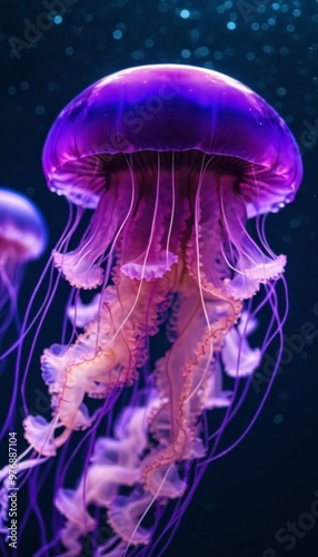 jellyfish in neon colors. vertical orientation for phone wallpaper, ai generated