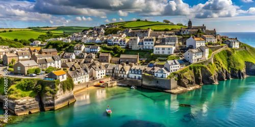 Panoramic view of charming old village Port Isaac, Cornwall , picturesque, coastline, historic, traditional