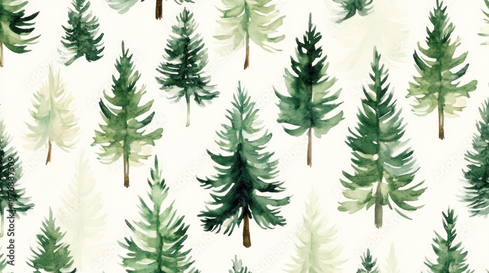 Elegant pattern of delicate green Christmas trees, hand-painted for holiday backgrounds. Elegant pattern of delicate green Christmas trees, hand-painted for holiday backgrounds.